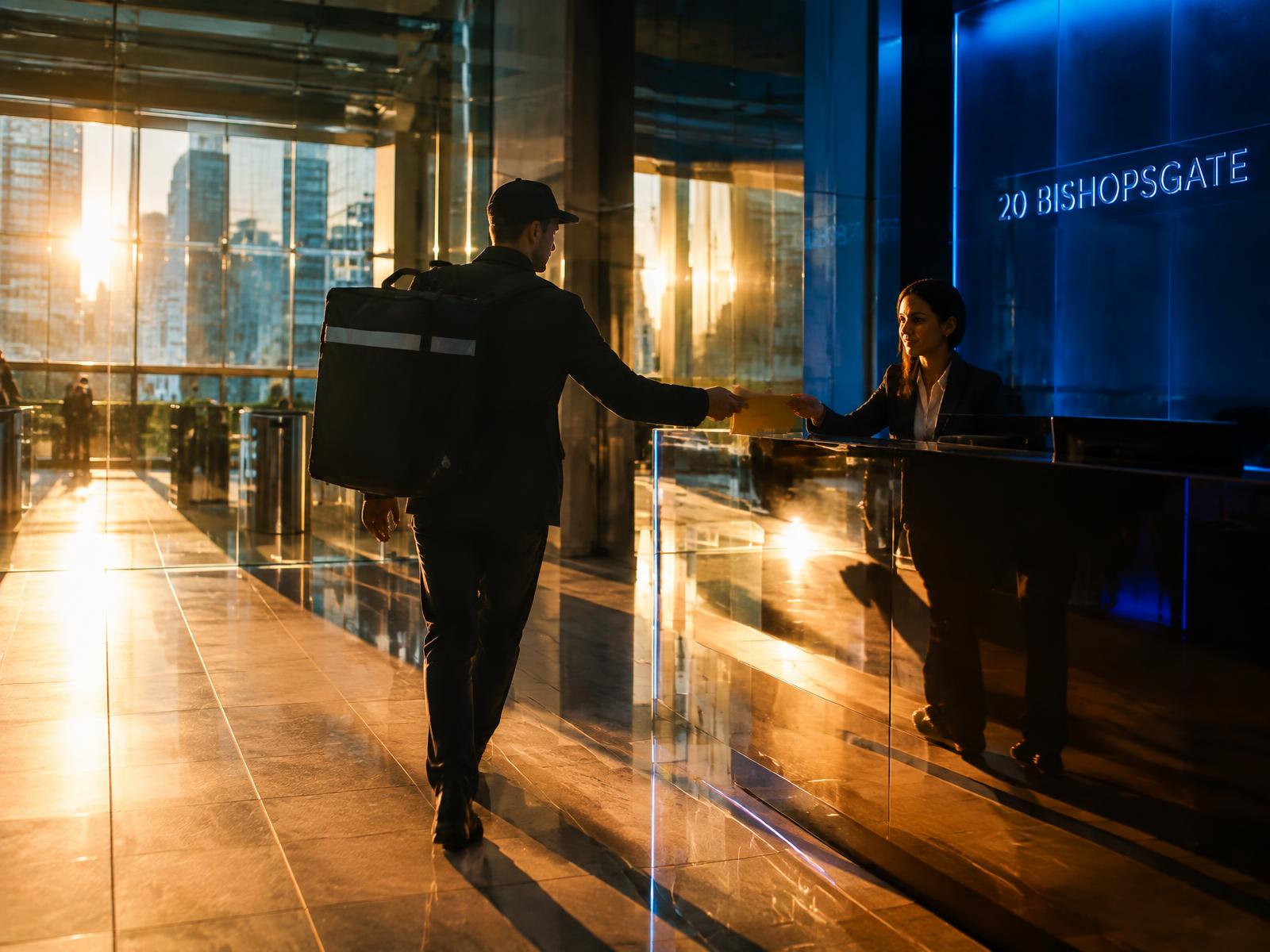 A courier delivering a signed contract to reception in a City of London office lobby