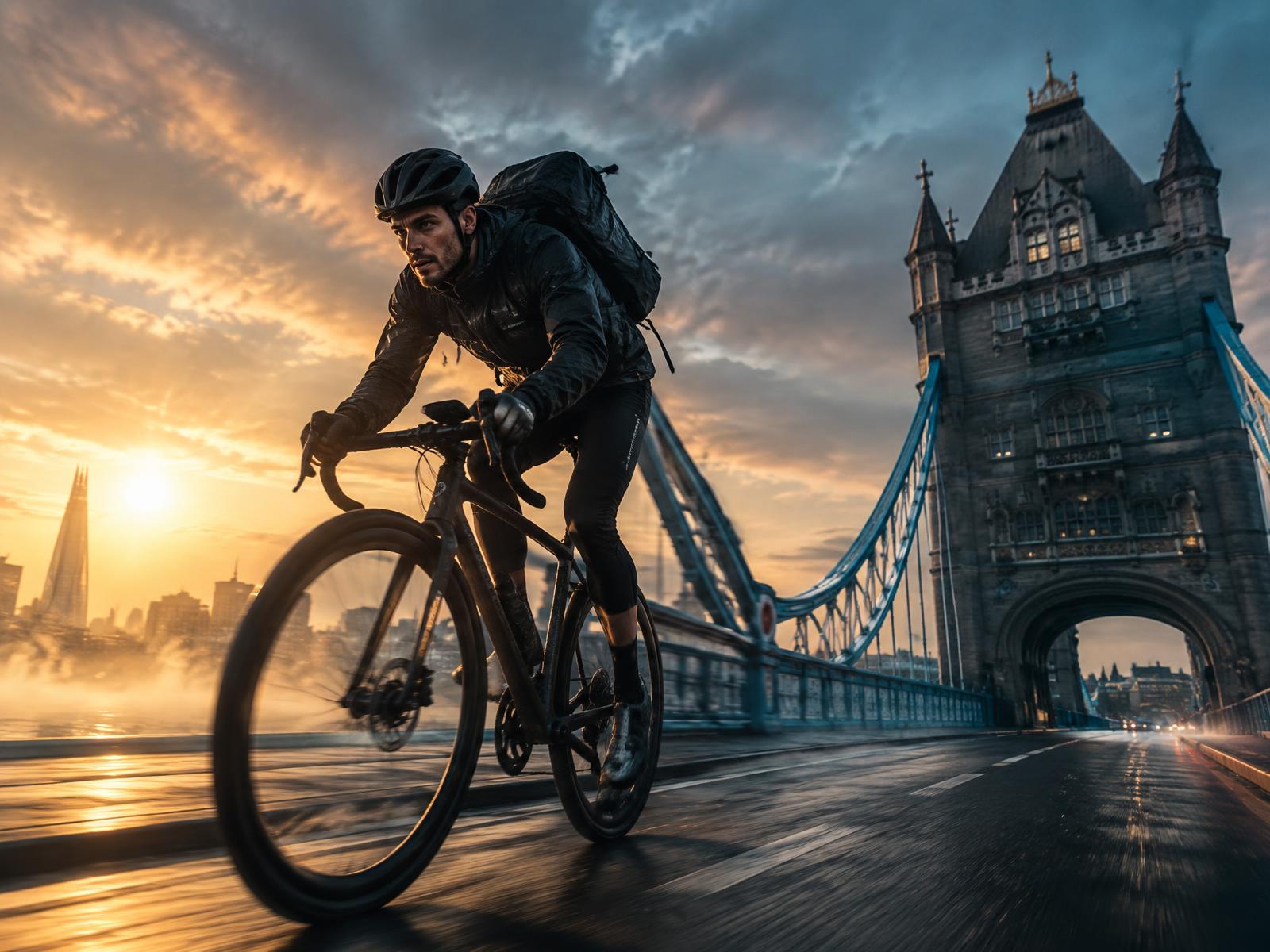 A cycle courier racing across Tower Bridge at sunrise