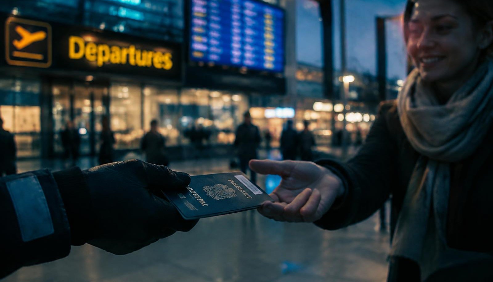 A courier handing a forgotten passport to a relieved traveller at airport departures